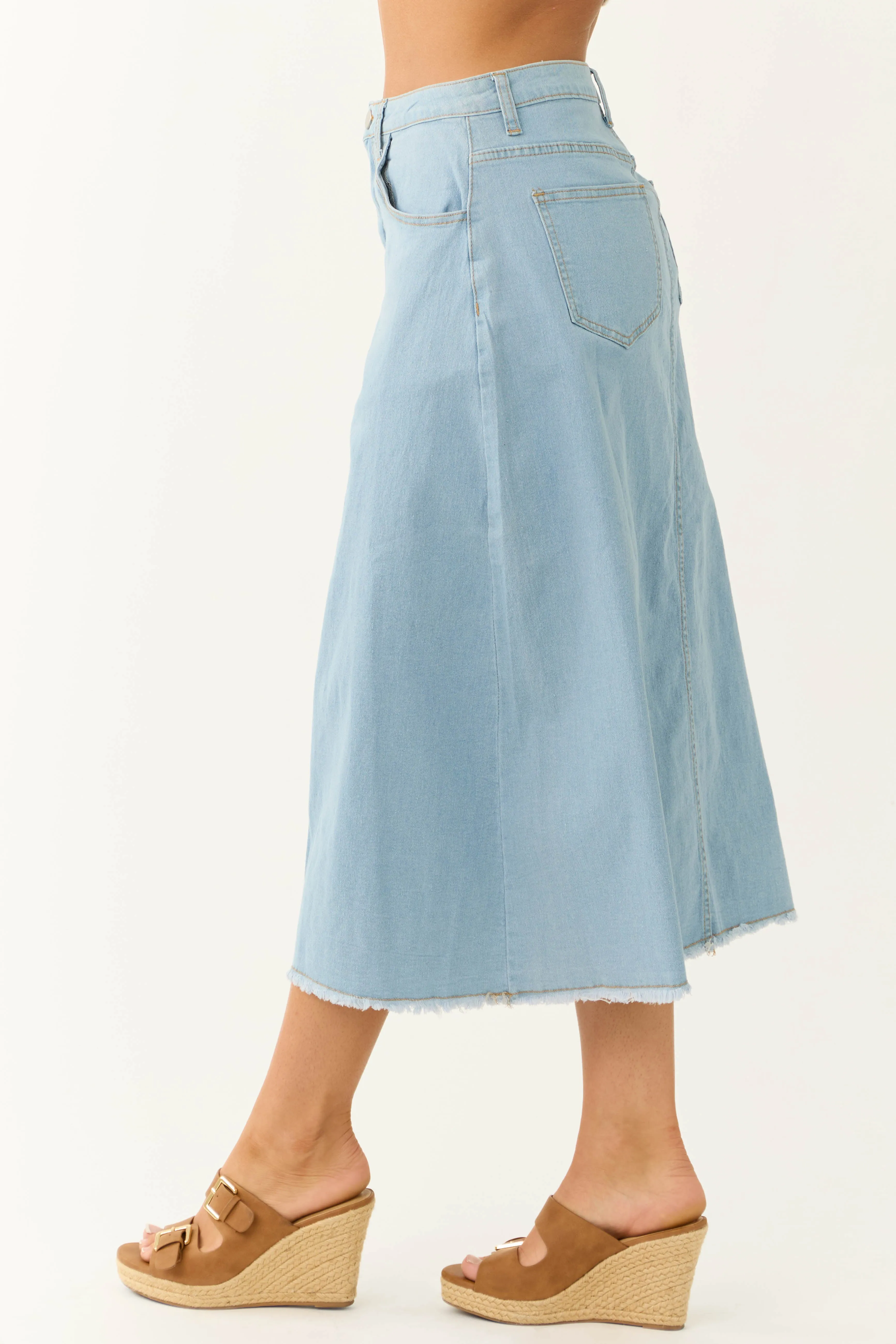 Light Wash Denim Frayed Hem Midi Skirt