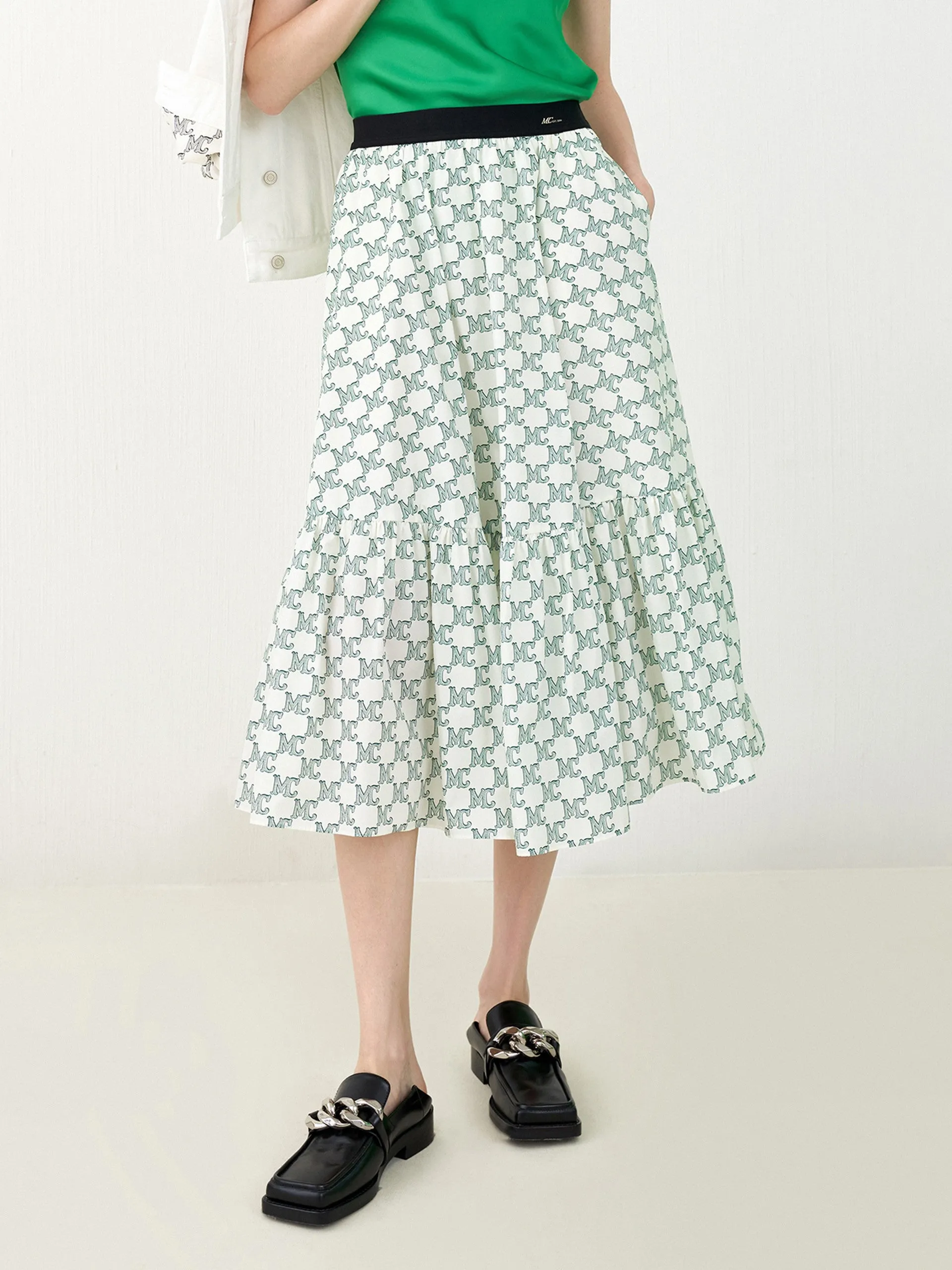 Logo Print Ruffle Midi Skirt