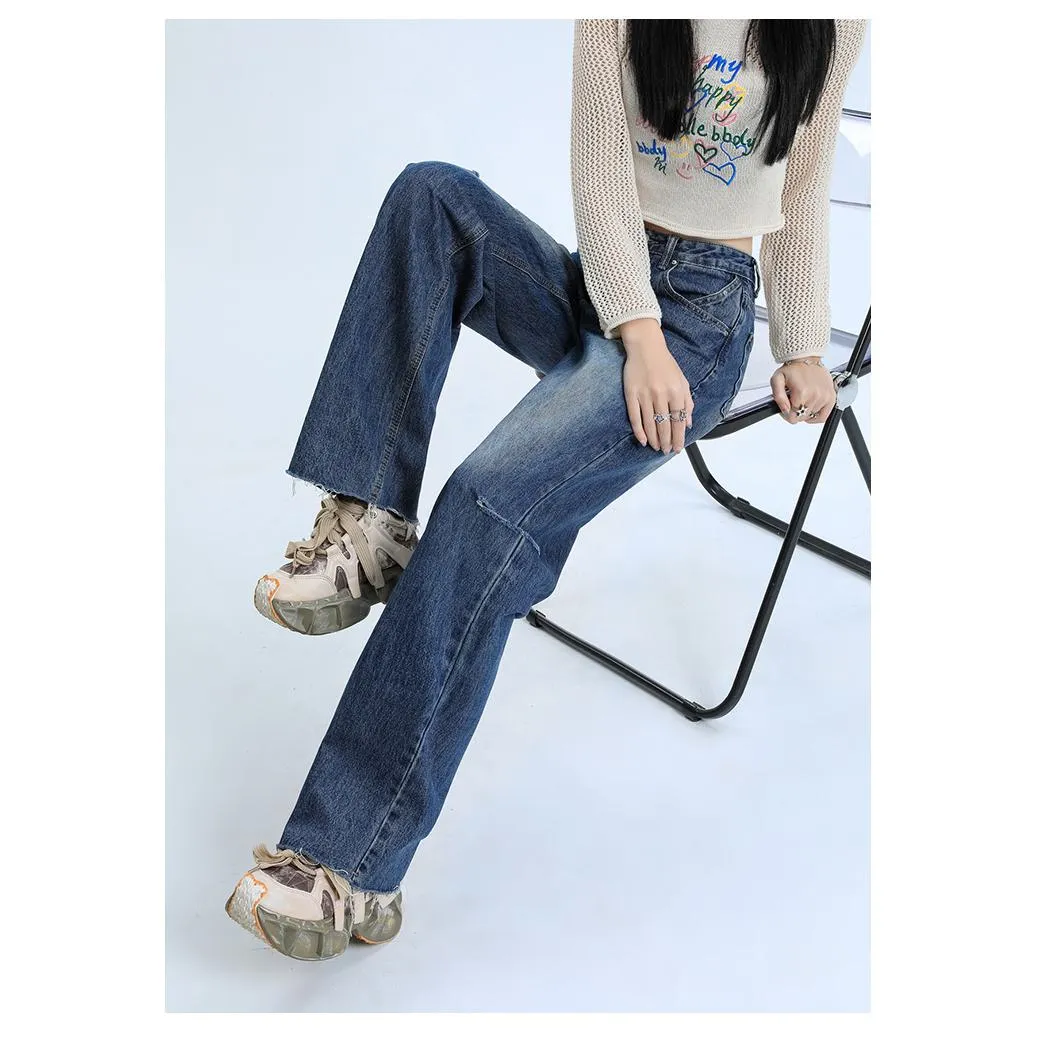 Loose-Fit Distressed Versatile Street-Style Straight-Leg High-Waisted Jeans