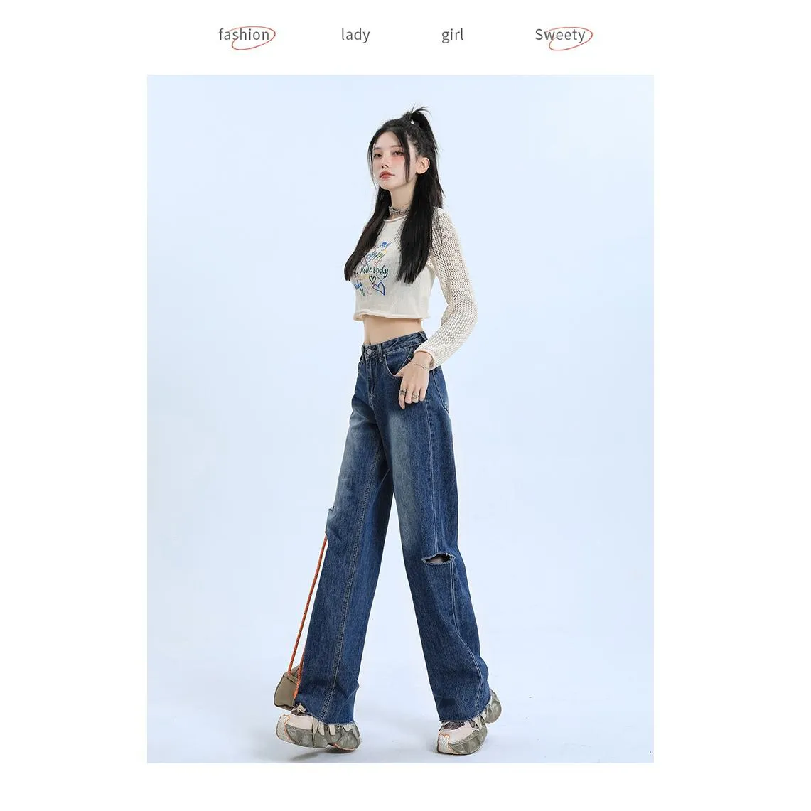 Loose-Fit Distressed Versatile Street-Style Straight-Leg High-Waisted Jeans