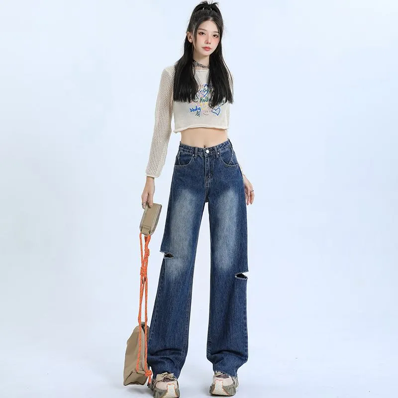 Loose-Fit Distressed Versatile Street-Style Straight-Leg High-Waisted Jeans