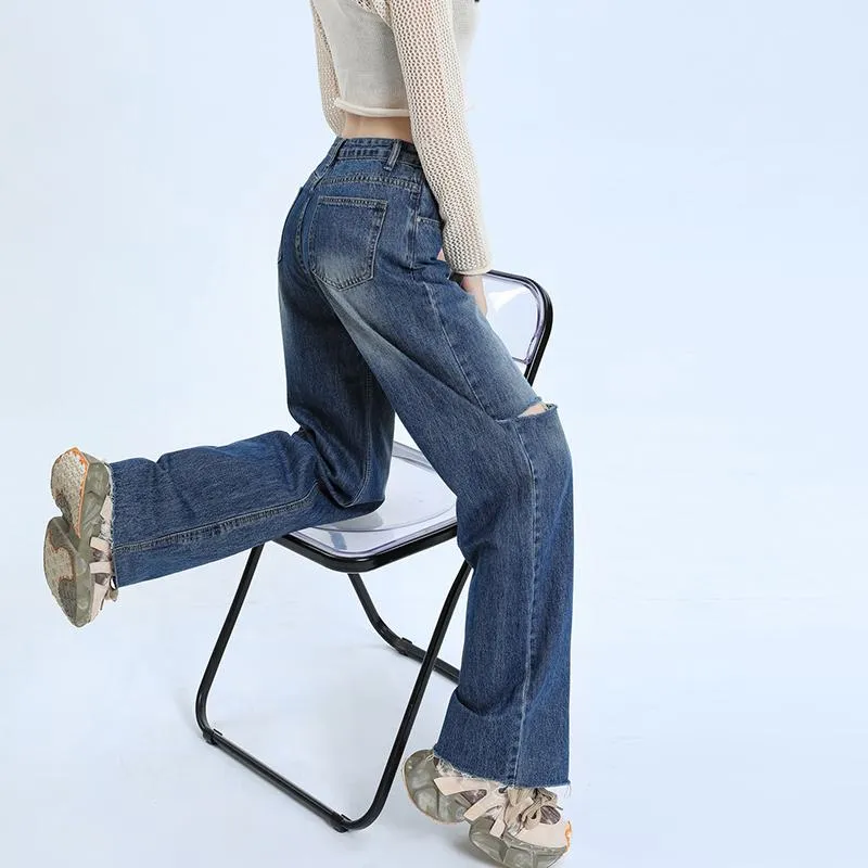 Loose-Fit Distressed Versatile Street-Style Straight-Leg High-Waisted Jeans