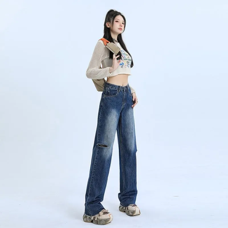 Loose-Fit Distressed Versatile Street-Style Straight-Leg High-Waisted Jeans