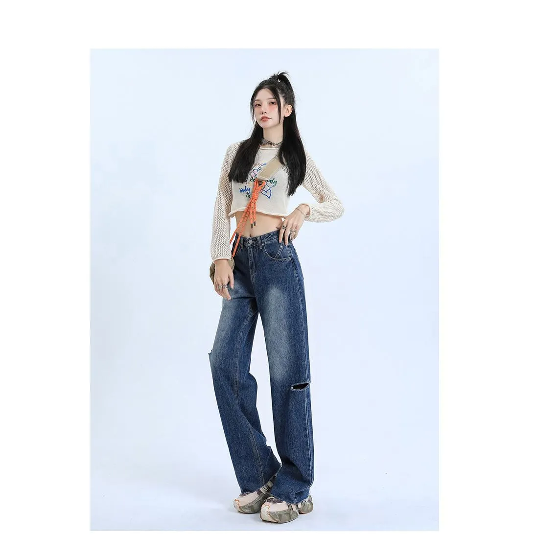 Loose-Fit Distressed Versatile Street-Style Straight-Leg High-Waisted Jeans