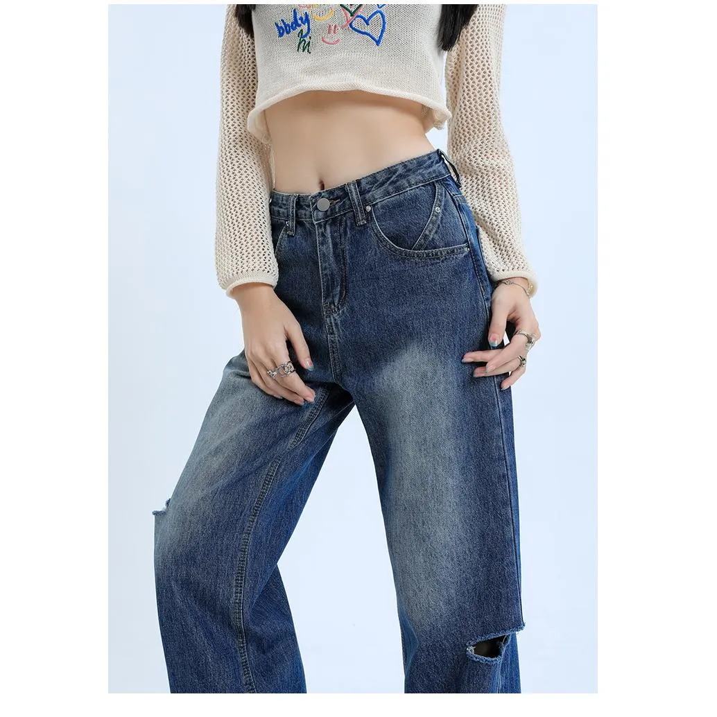 Loose-Fit Distressed Versatile Street-Style Straight-Leg High-Waisted Jeans