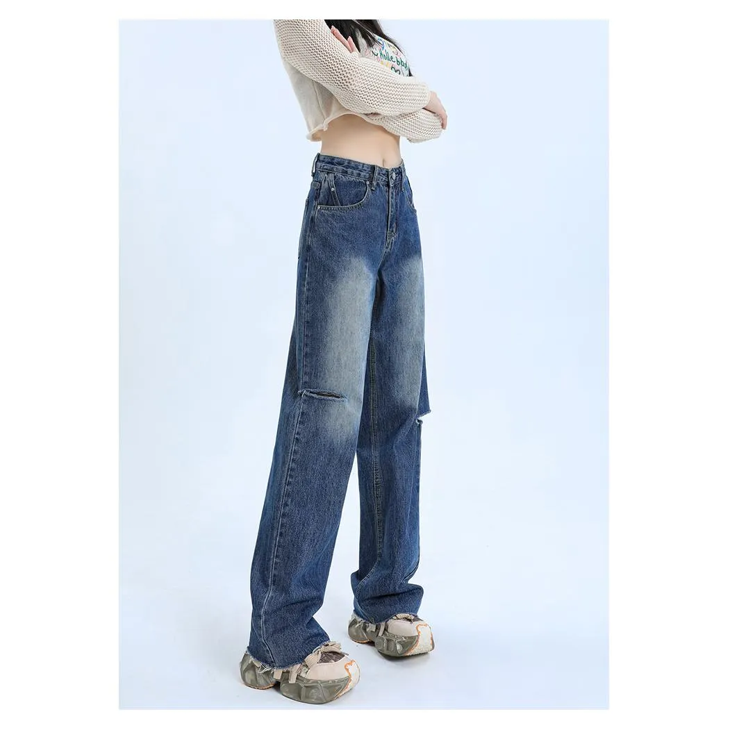 Loose-Fit Distressed Versatile Street-Style Straight-Leg High-Waisted Jeans