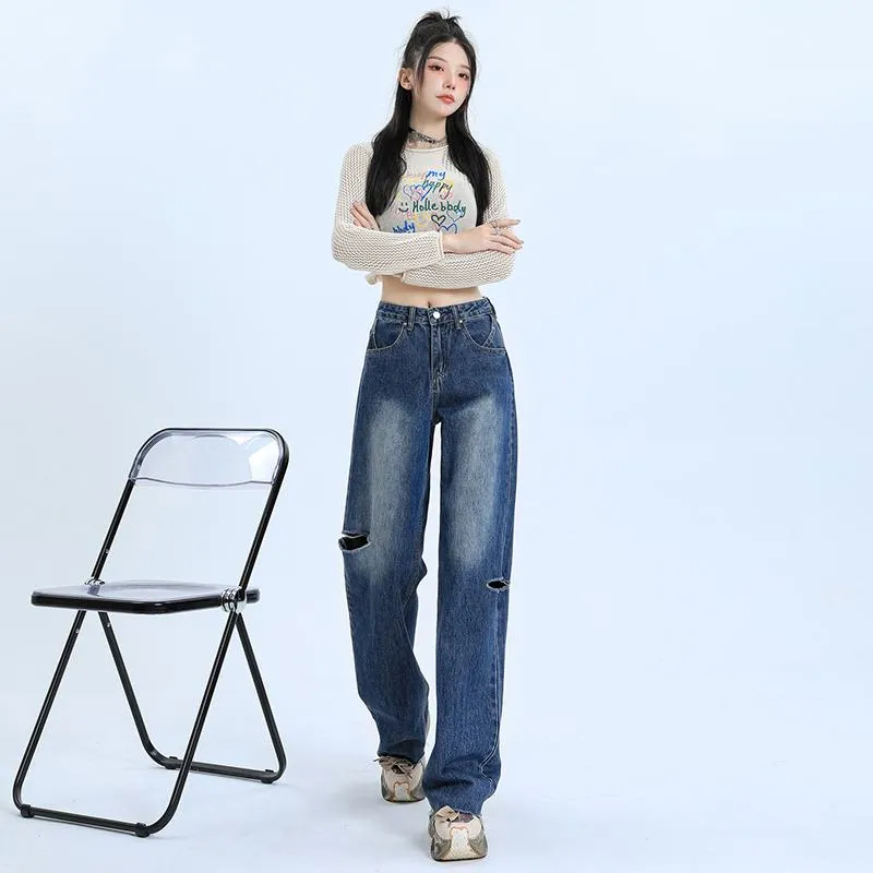 Loose-Fit Distressed Versatile Street-Style Straight-Leg High-Waisted Jeans