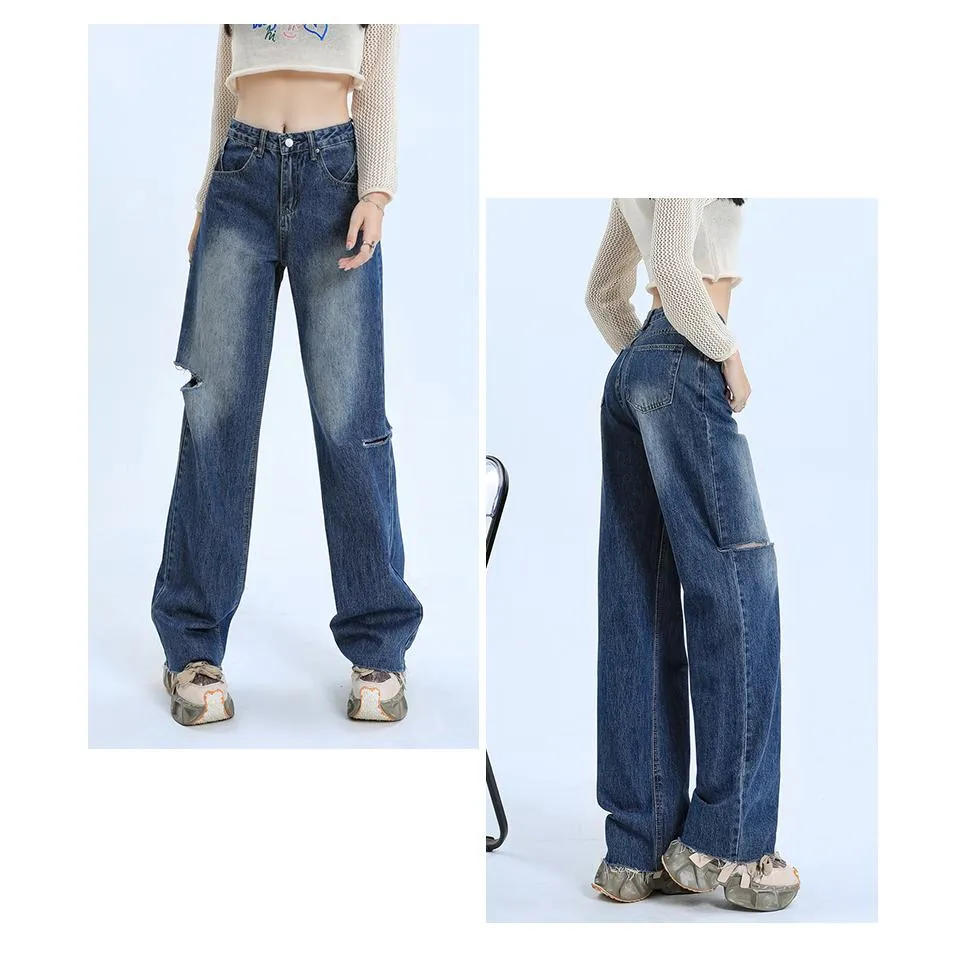 Loose-Fit Distressed Versatile Street-Style Straight-Leg High-Waisted Jeans