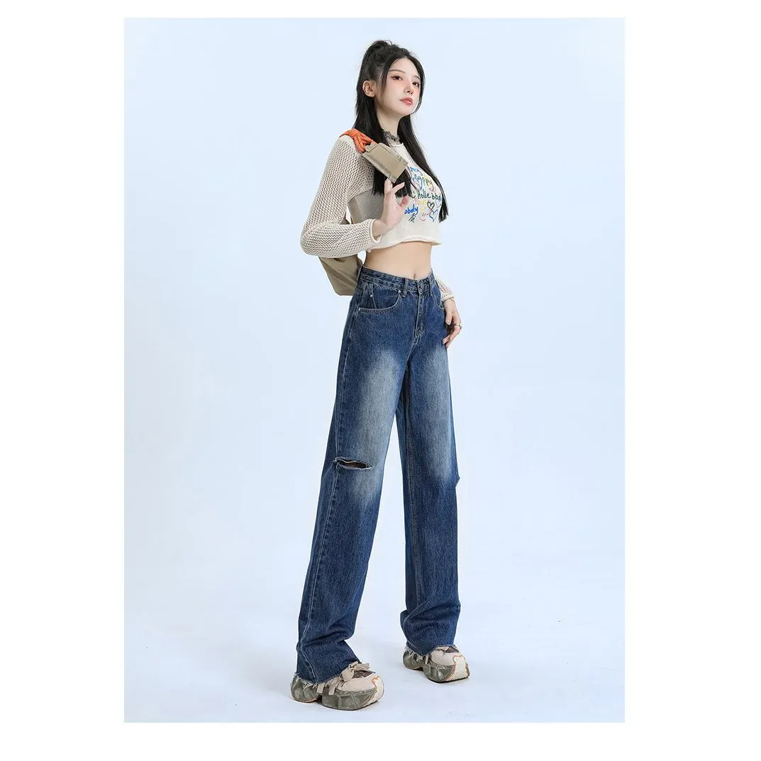 Loose-Fit Distressed Versatile Street-Style Straight-Leg High-Waisted Jeans