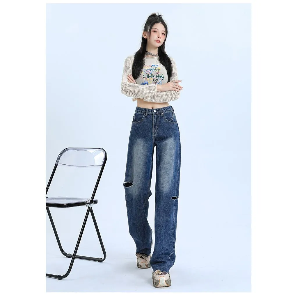 Loose-Fit Distressed Versatile Street-Style Straight-Leg High-Waisted Jeans