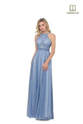 Lucci Lu 28050 Periwinkle Blue Keyhole Neckline Glitter Pleated Dress - Size 8