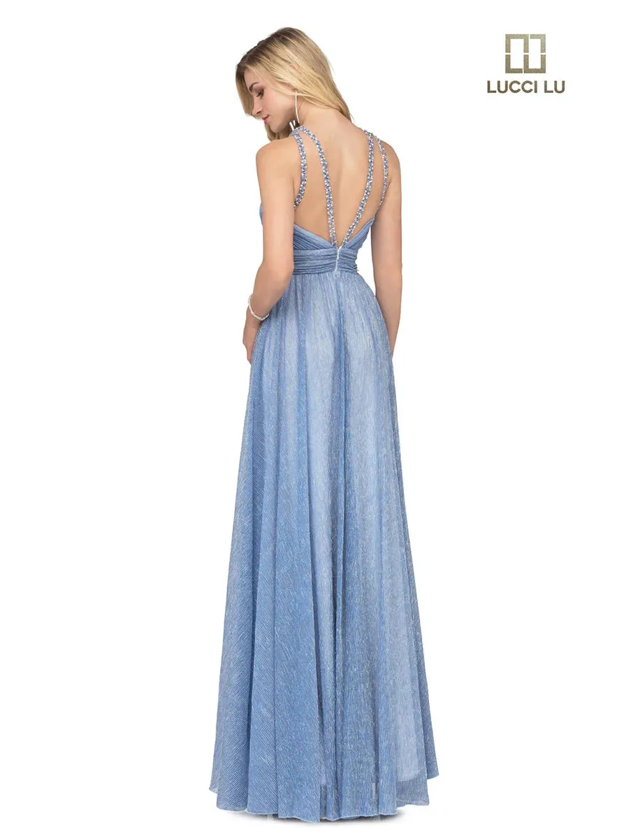 Lucci Lu 28050 Periwinkle Blue Keyhole Neckline Glitter Pleated Dress - Size 8