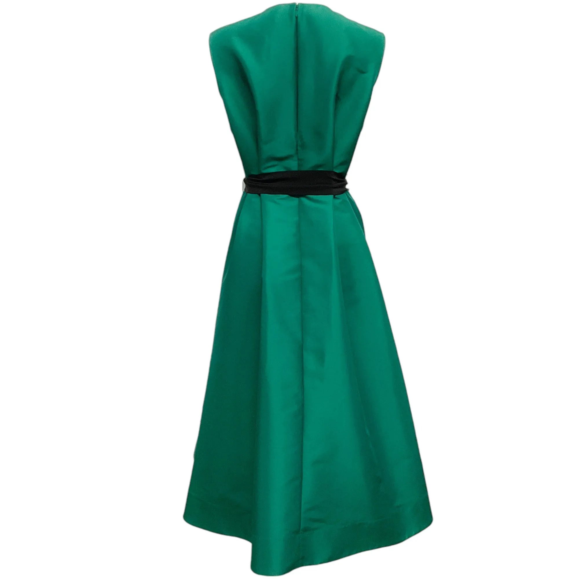 Mantu Green Silk Sleeveless Midi Dress with Black Tie Waist