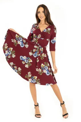 Maroon Floral 3/4 Sleeve Knit Dress