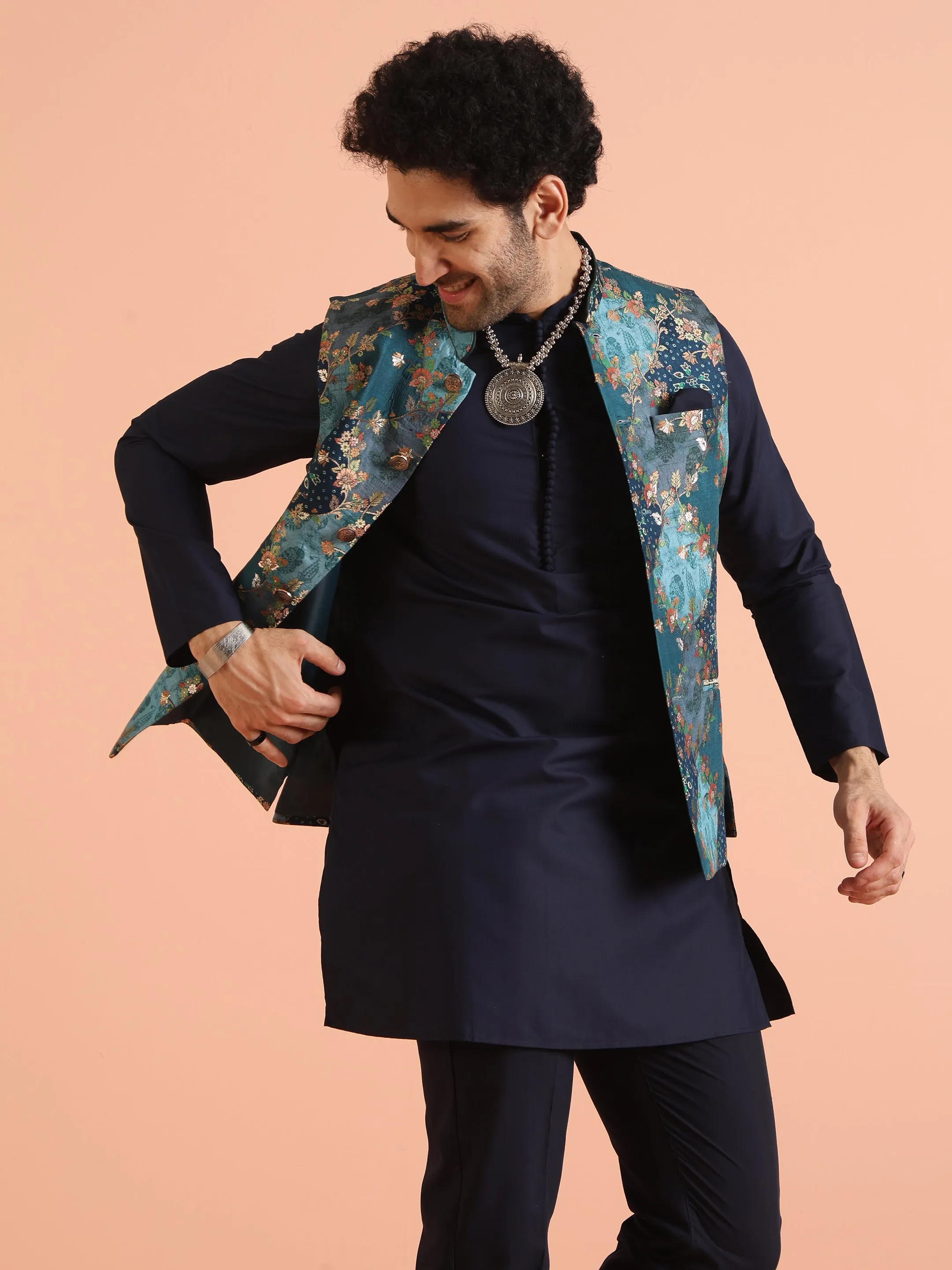 Men Blue Printed Jacket (Set of 1)