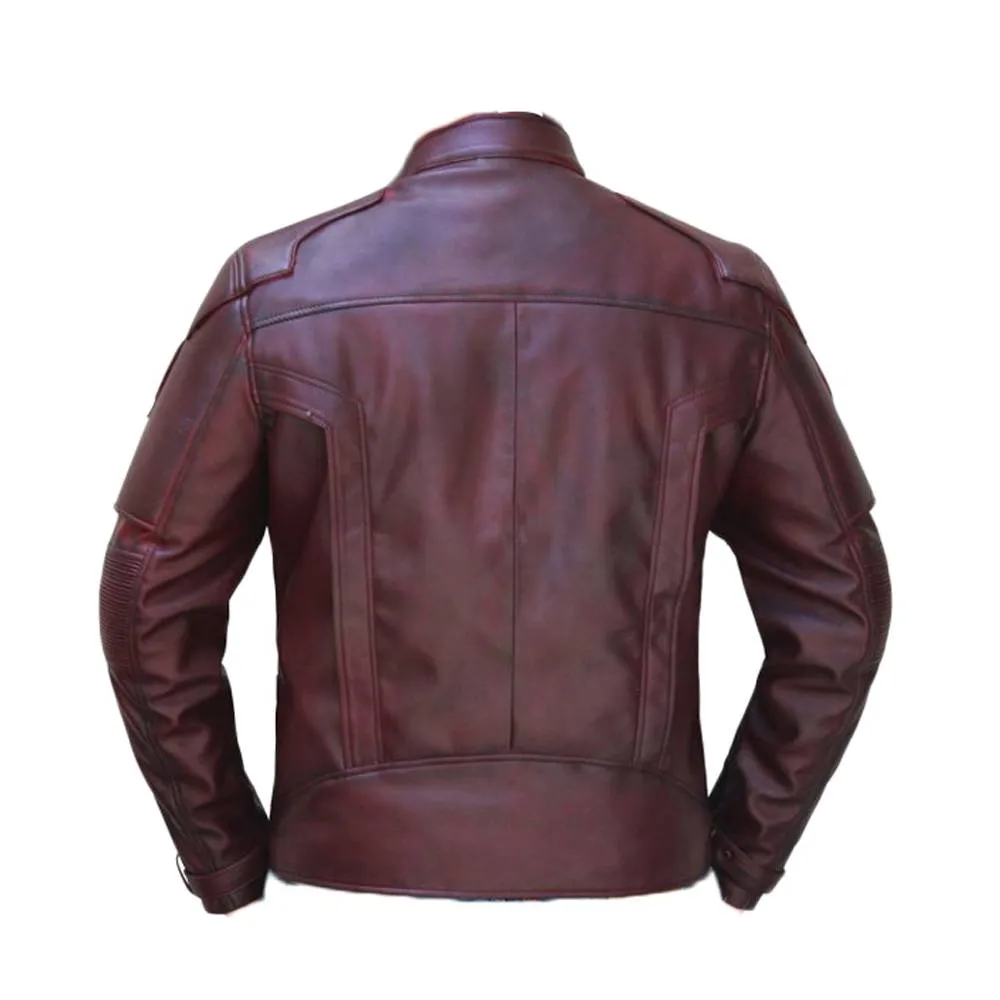 Men Burgundy Lapel Strips Military Leather Jacket