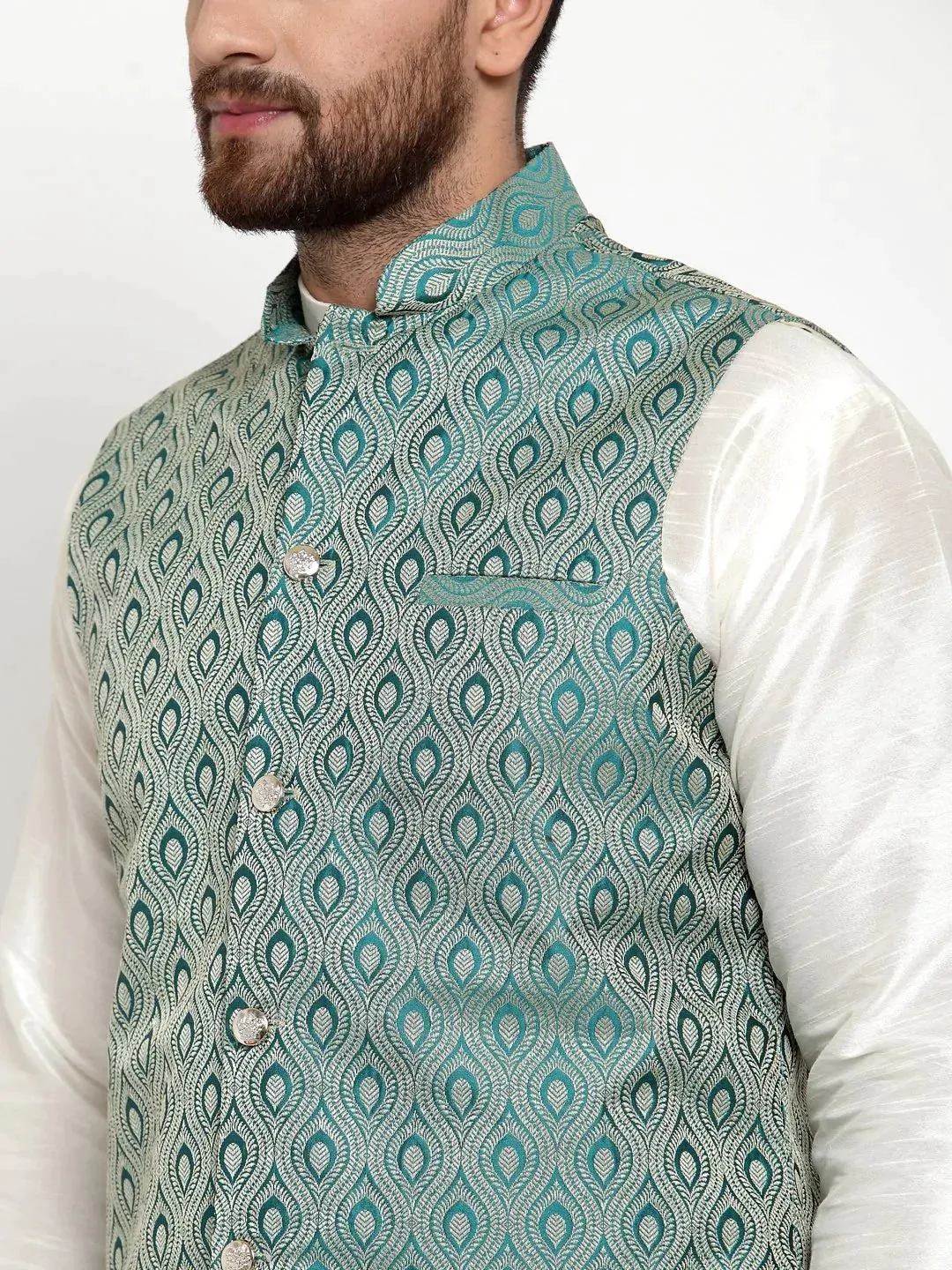 Men Green Woven Design Nehru Jacket