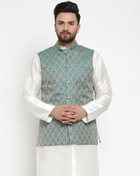 Men Green Woven Design Nehru Jacket