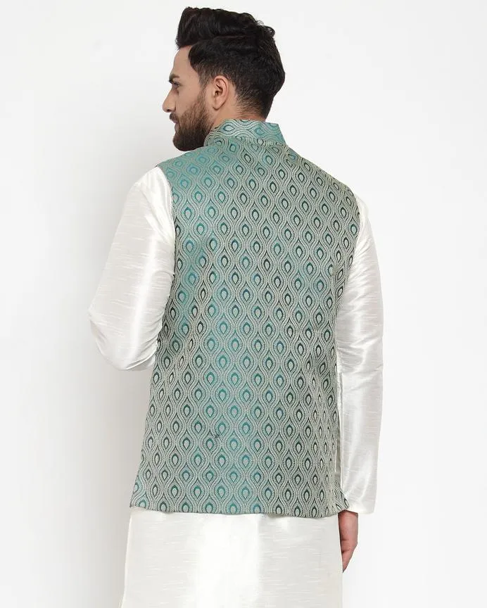 Men Green Woven Design Nehru Jacket