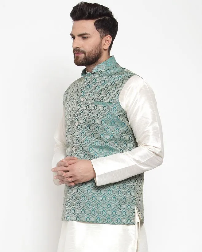 Men Green Woven Design Nehru Jacket