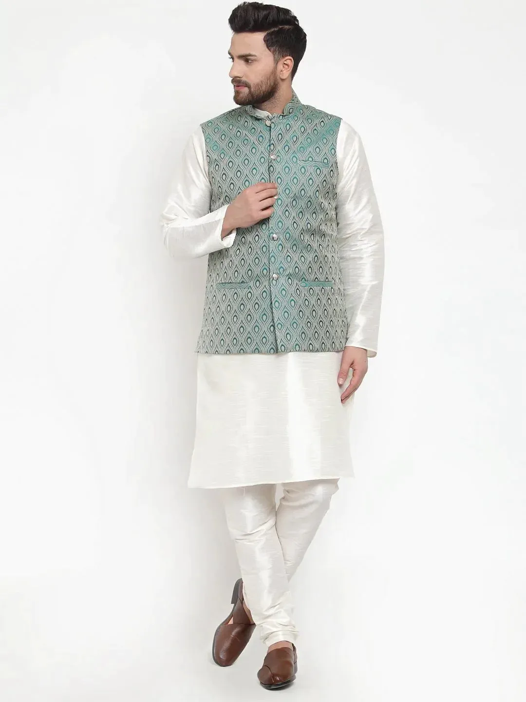 Men Green Woven Design Nehru Jacket