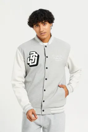 Men Grey Suede Baseball Cardigan