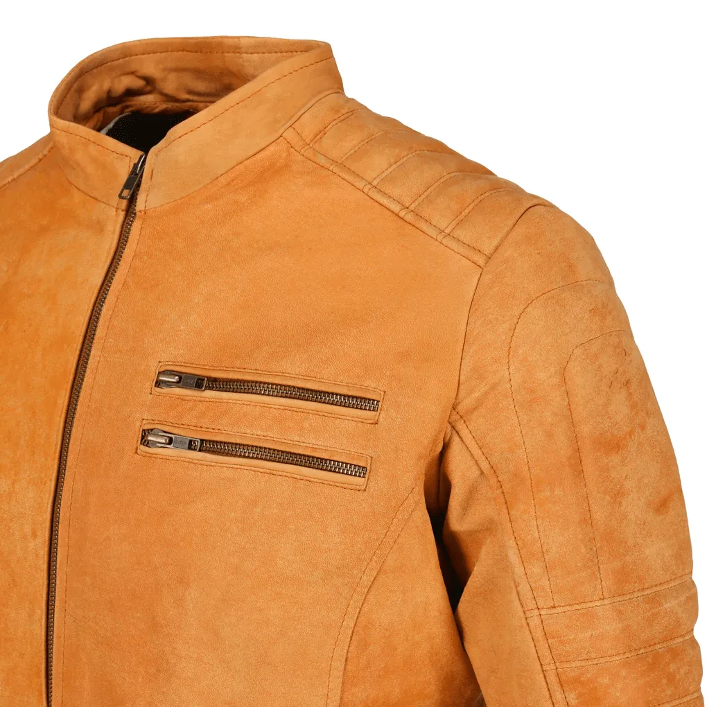 Mens Biker Distressed Suede Camel Leather Jacket