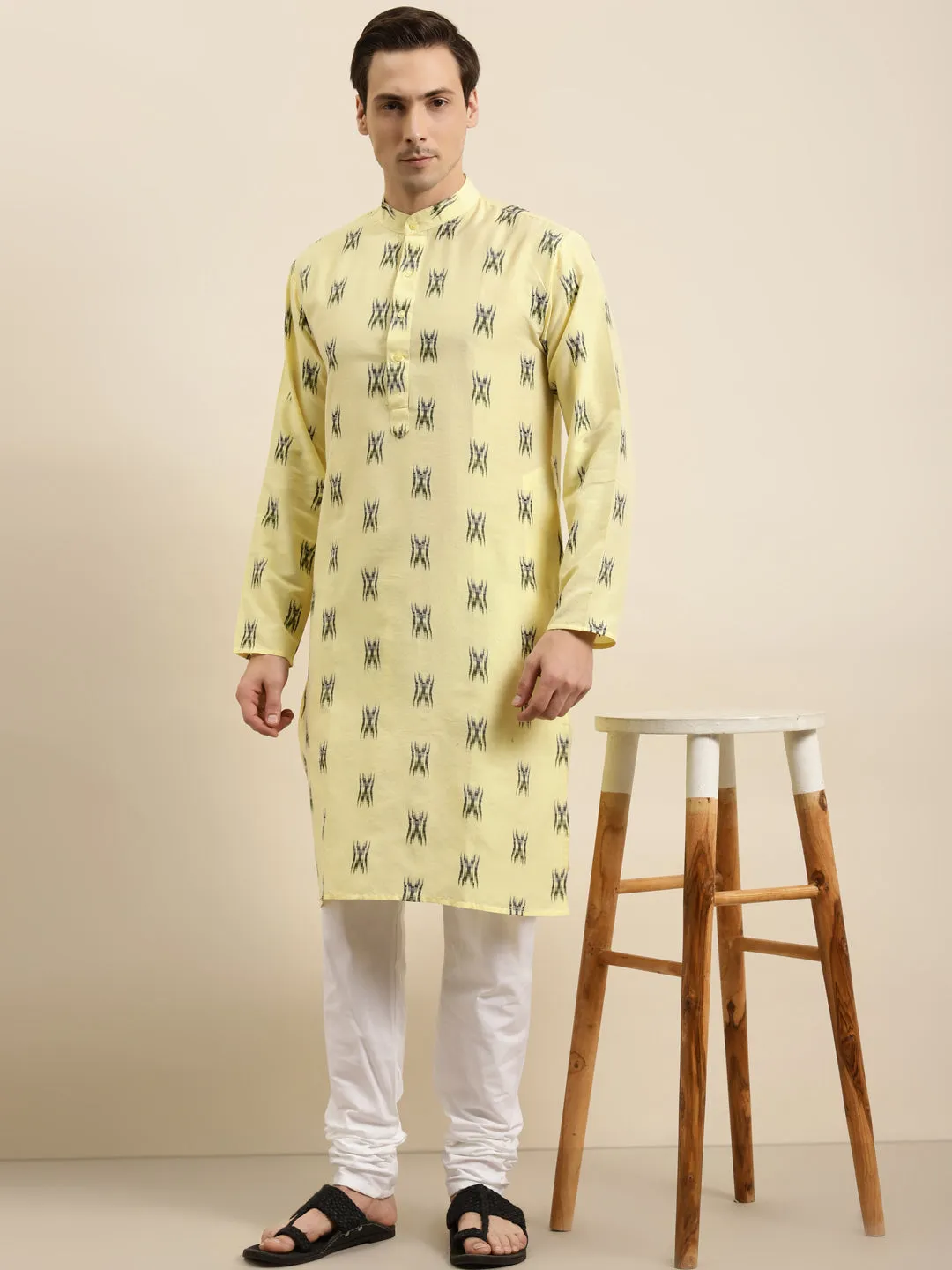 Men's Cotton Light Yellow & Black Churidar Pyjama Set - Sojanya