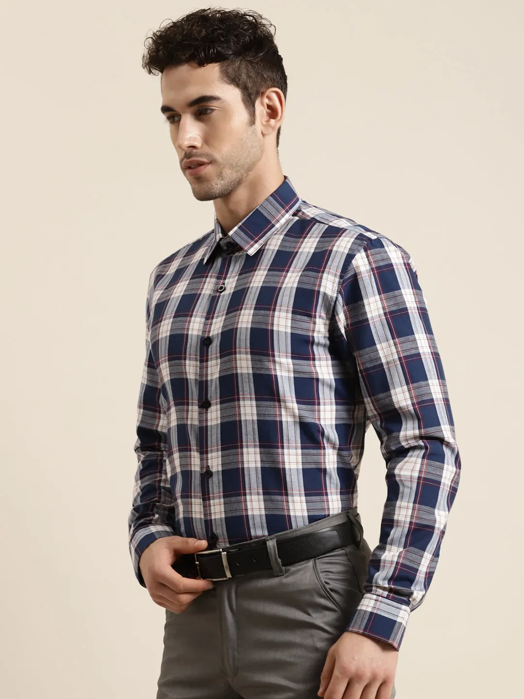 Men's Cotton Navy & White & Casual Shirt