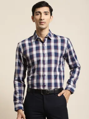 Men's Cotton Navy & White & Check Formal Shirt - Sojanya