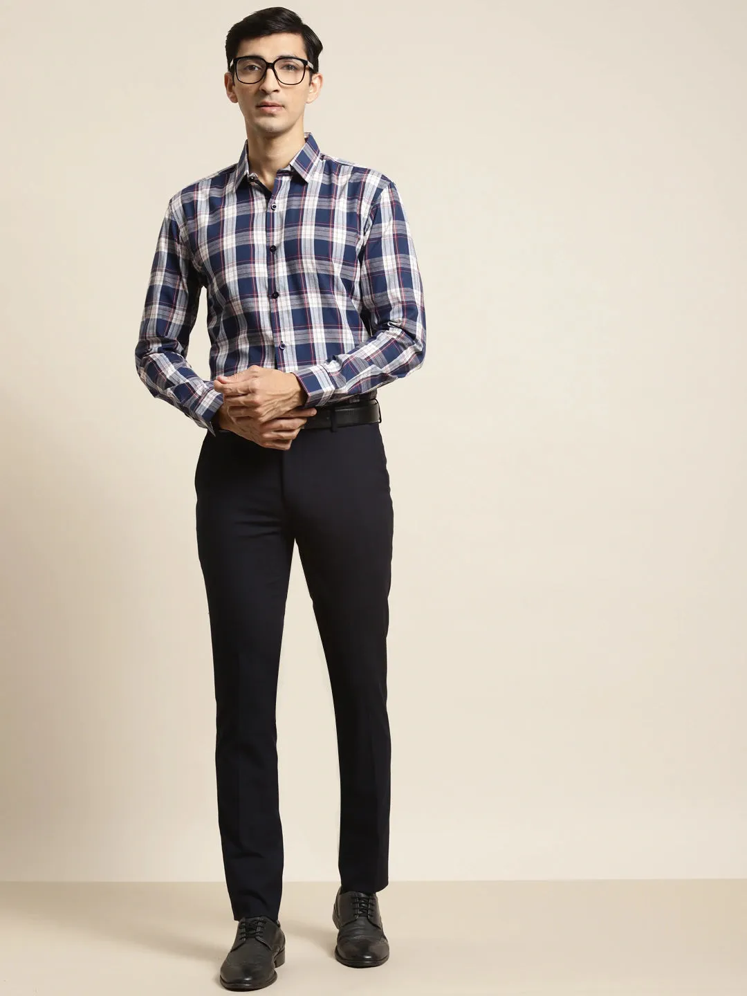 Men's Cotton Navy & White & Check Formal Shirt - Sojanya