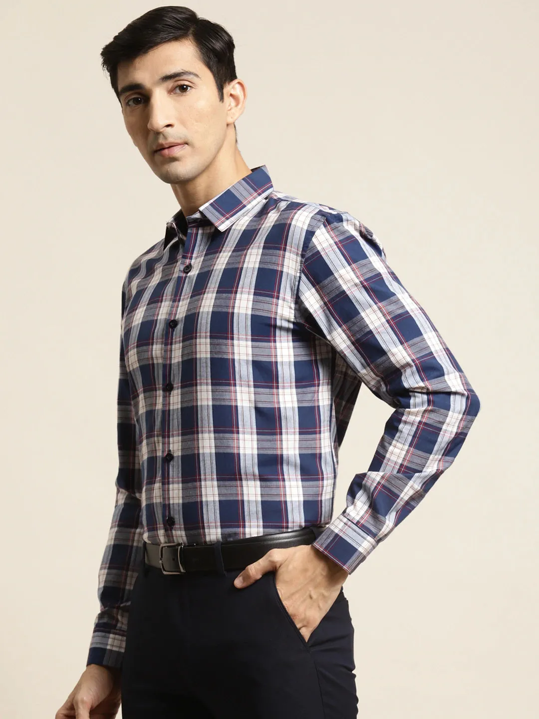 Men's Cotton Navy & White & Check Formal Shirt - Sojanya