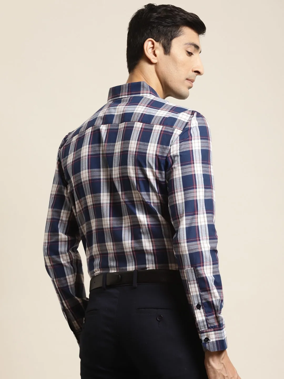 Men's Cotton Navy & White & Check Formal Shirt - Sojanya