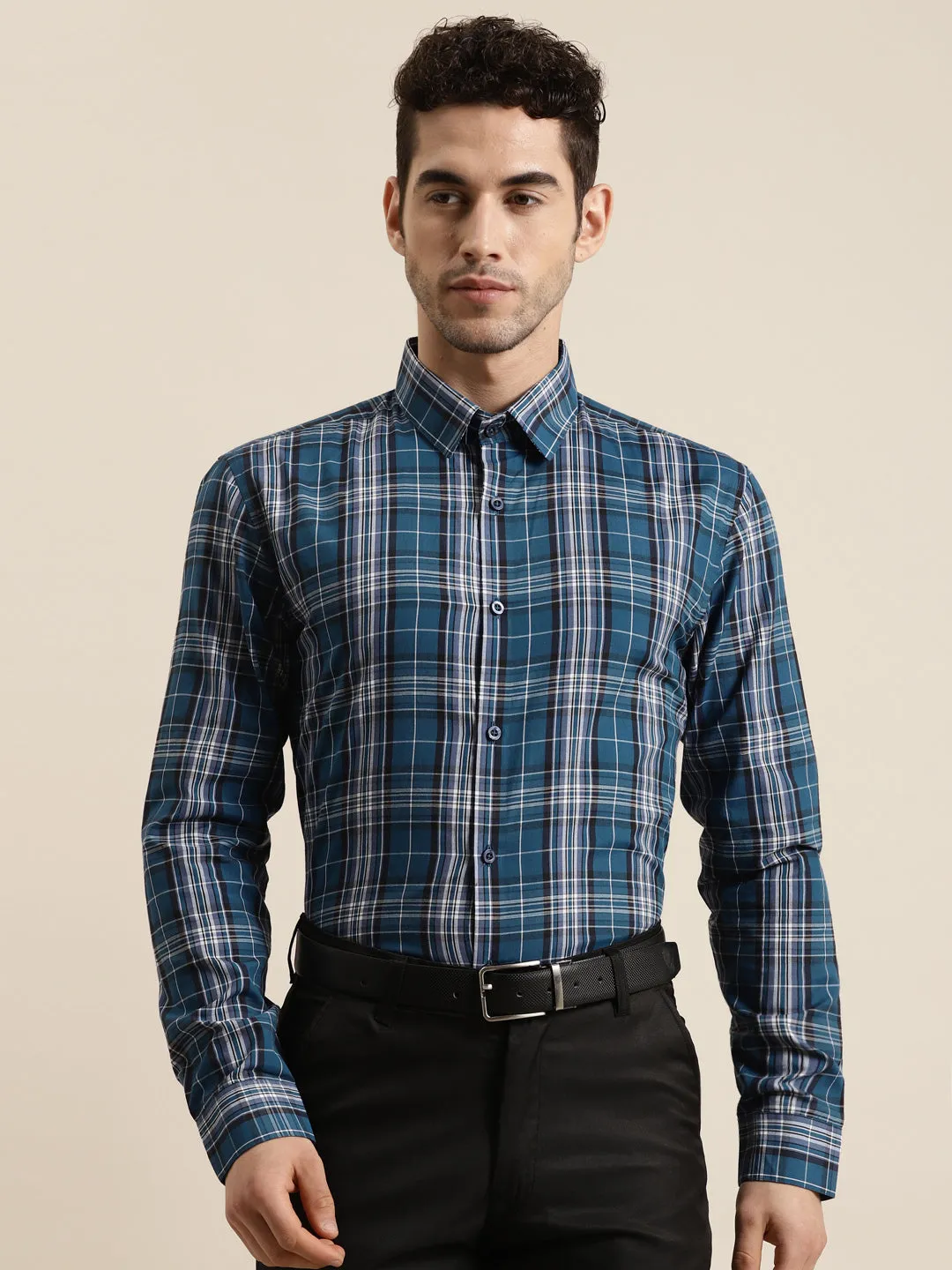 Men's Cotton Peacock & Black Casual Shirt