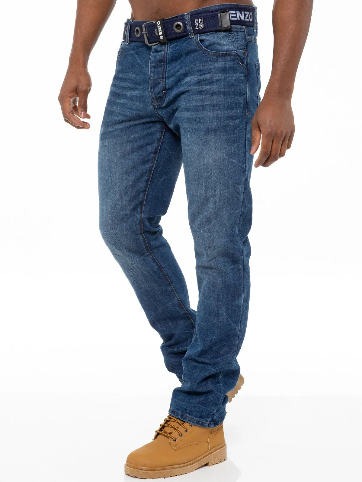 Mens Denim Straight Fit Jeans Mid Stonewash | Enzo Designer Menswear