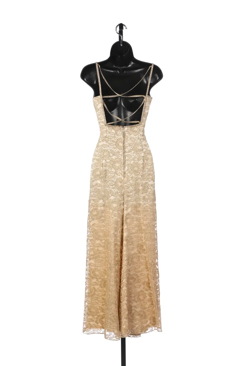 Michael Casey Couture Silk Gold Beaded/Sequined Sleeveless Cross Back Fitted Full-Length Gown