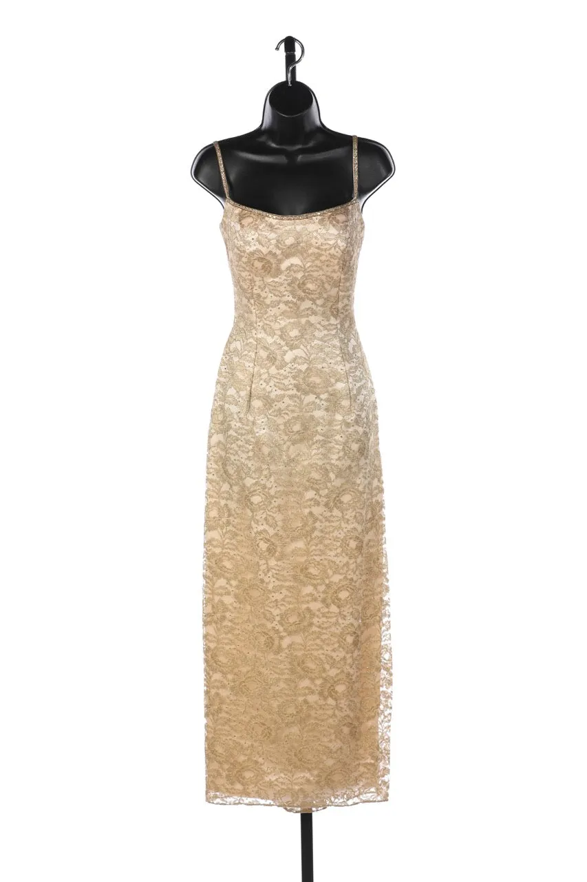 Michael Casey Couture Silk Gold Beaded/Sequined Sleeveless Cross Back Fitted Full-Length Gown