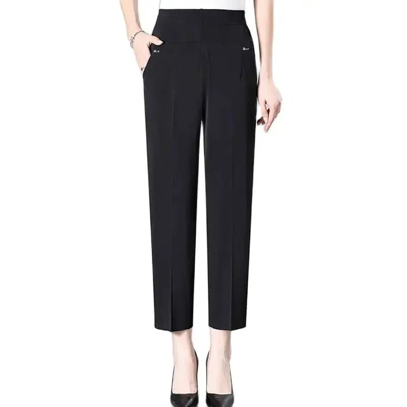 Mid Aged Women's High Waist Casual Pants | Broadcloth | Ankle-Length