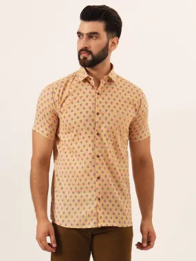 MILLENNIAL MEN Beige Printed Pure Cotton Regular Fit Casual Half Sleeve