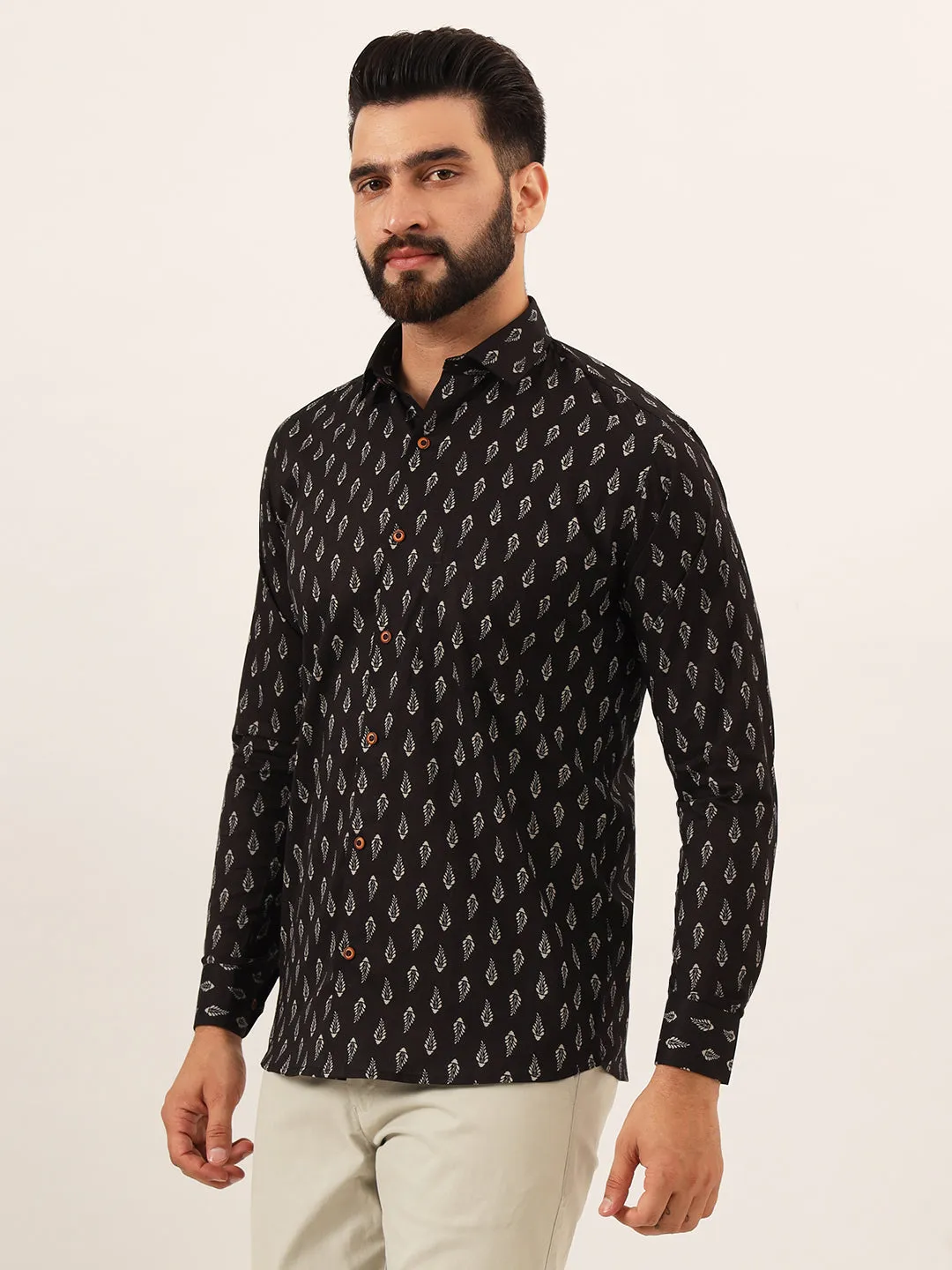 MILLENNIAL MEN Brown Printed Pure Cotton Regular Fit Casual Full Sleeve