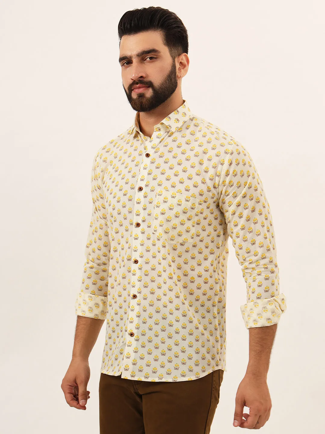 MILLENNIAL MEN Yellow Floral Print Pure Cotton Regular Fit Casual Full Sleeve