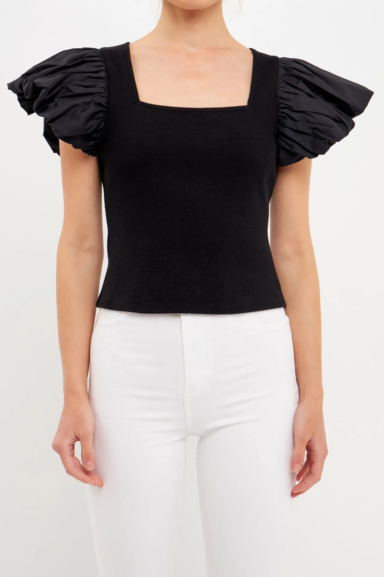 Mixed Media Square Neckline Knit Top