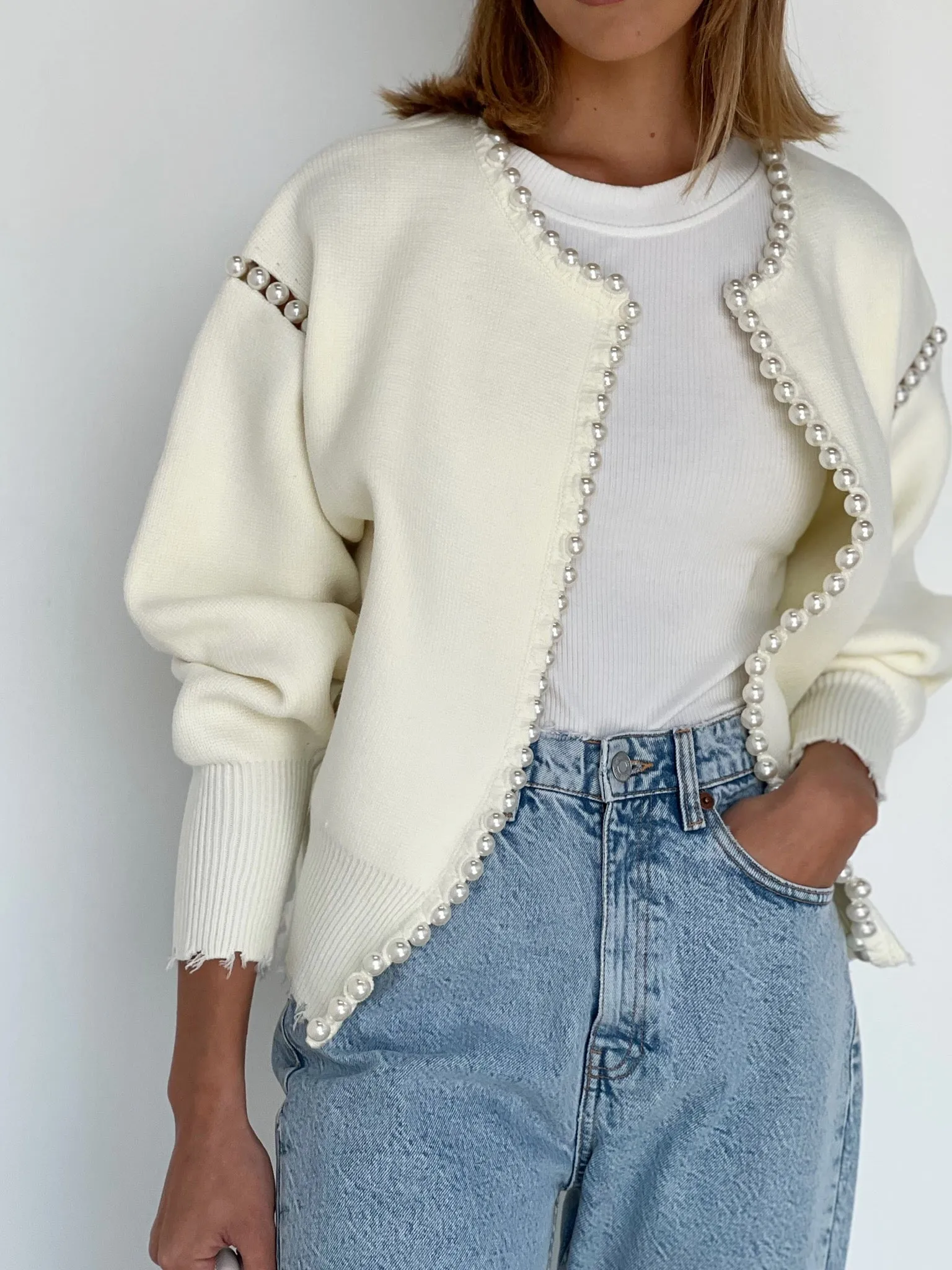 Molly Pearl Trim Cardigan | Cream