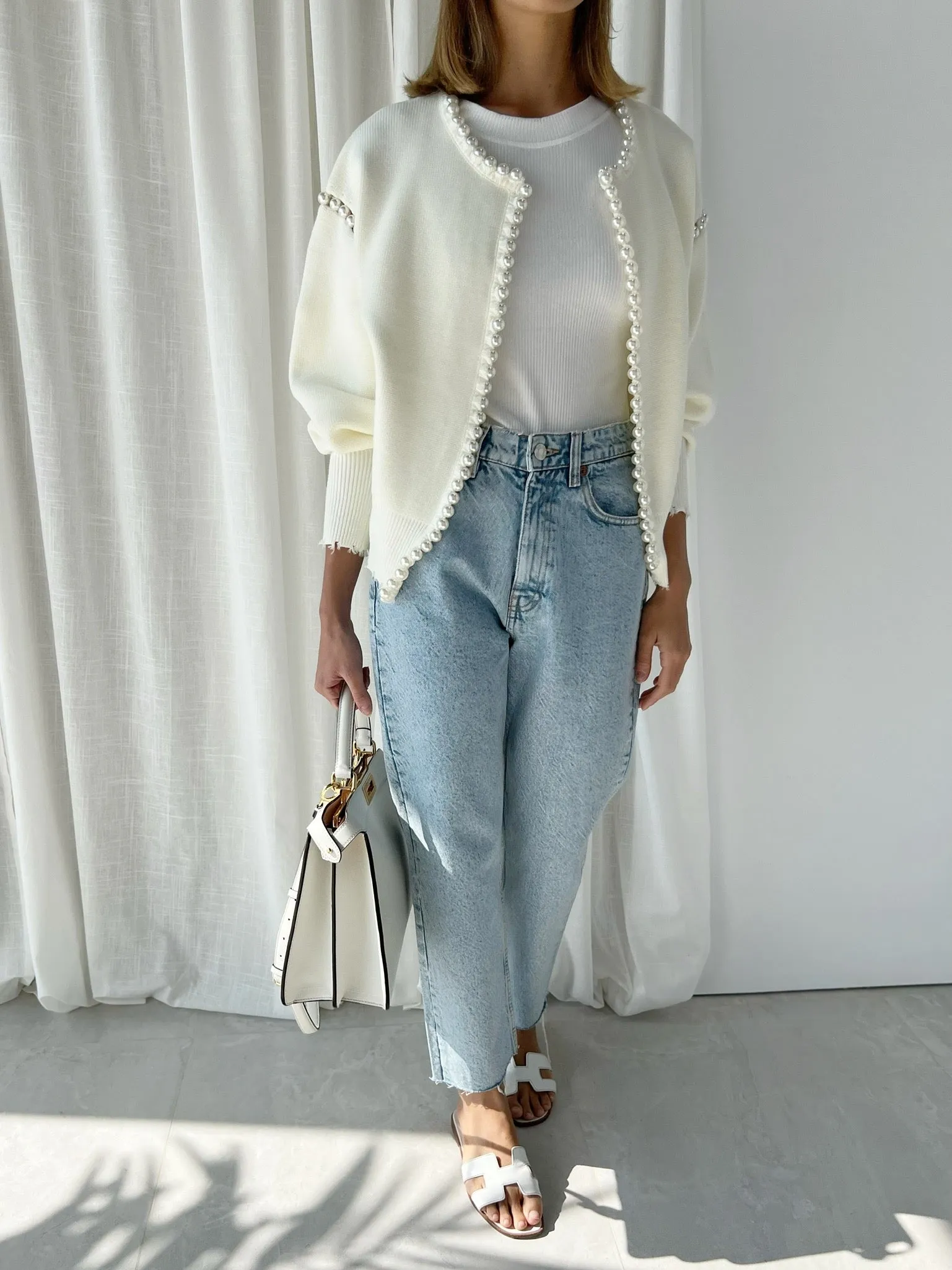 Molly Pearl Trim Cardigan | Cream