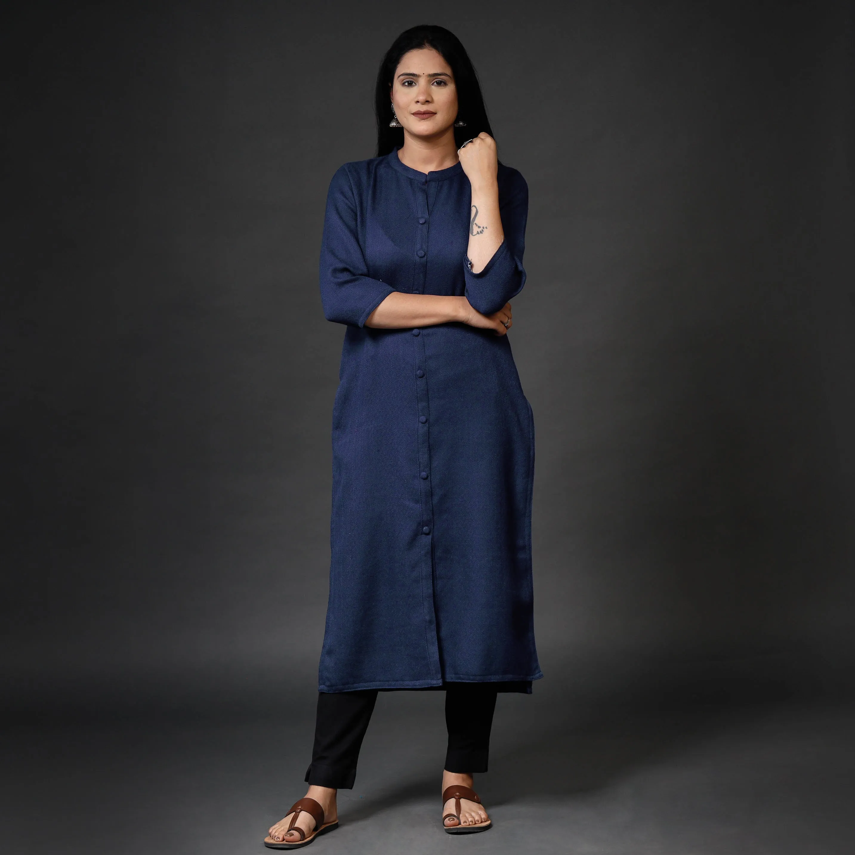 Navy Blue Kumaun Handwoven Merino Woolen Long Kurta