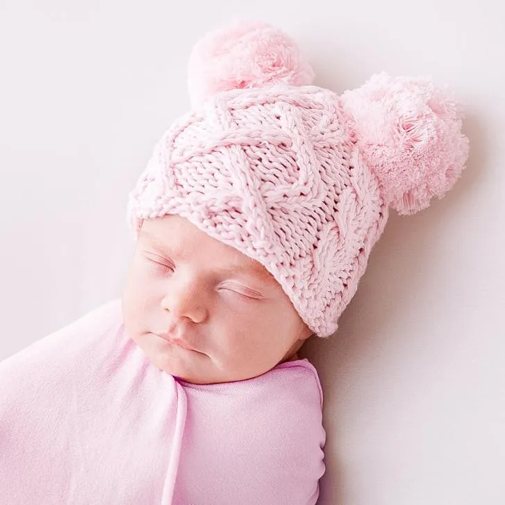 Newborn Aran Pink Double Pom Pom Beanie Hat