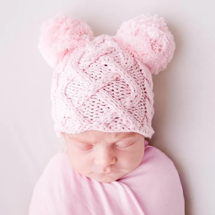 Newborn Aran Pink Double Pom Pom Beanie Hat