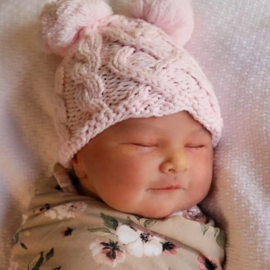 Newborn Aran Pink Double Pom Pom Beanie Hat