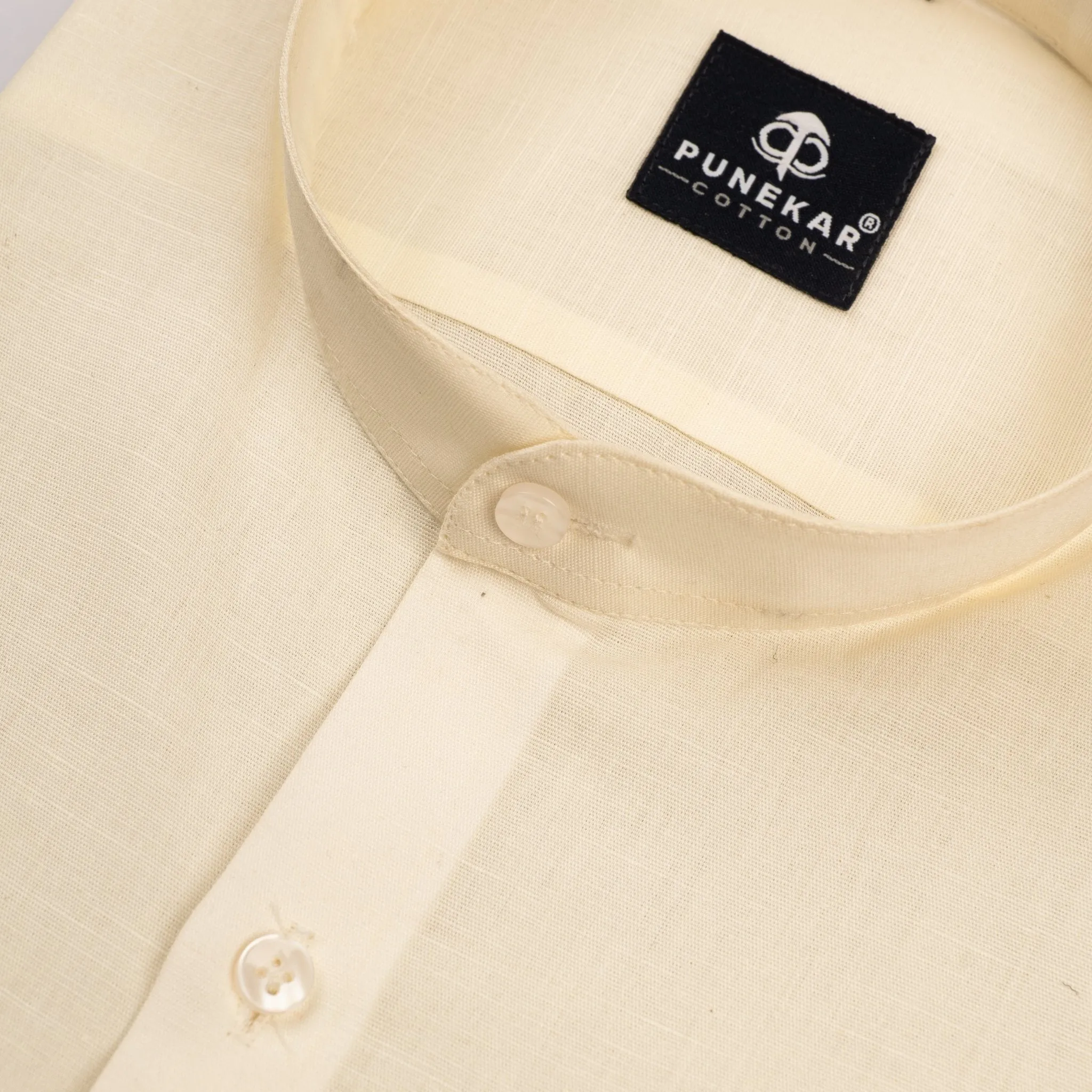 Off White Color Band Collar Solid Shirt For Men