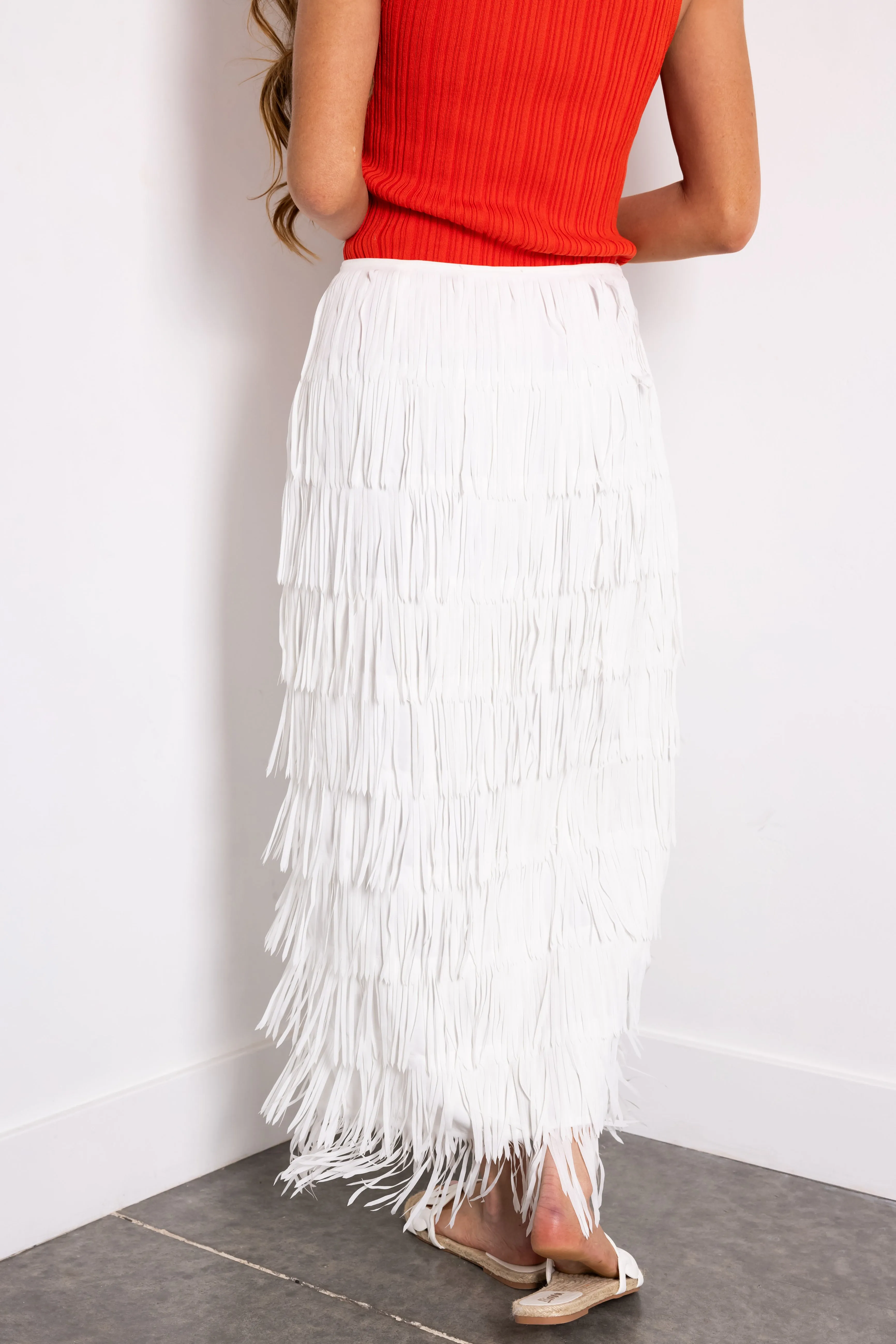 Off White Side Slit Fringe Midi Skirt